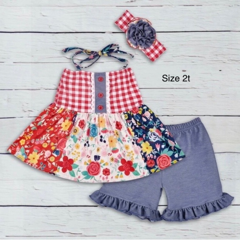 Girls Floral Patchwork Halter Top Set with Ruffle Shorts - 4th of July outfit